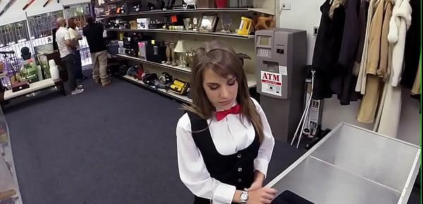  Petite pawnshop customer throatfucked for easy cash